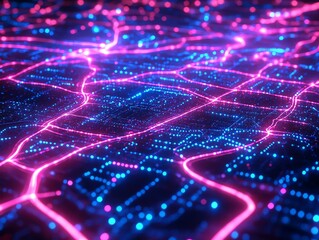 Poster - Abstract glowing city map with interconnected nodes and roads.