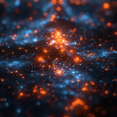 Canvas Print - abstract glowing triangle in blue and orange sparkle background.
