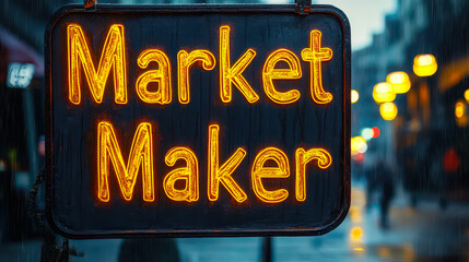 Poster - Neon Market Maker Sign with Blurred Urban Street Background