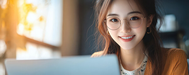 Poster - Young Asian Businesswoman on Video Call Using Laptop for Remote Work in Home Office