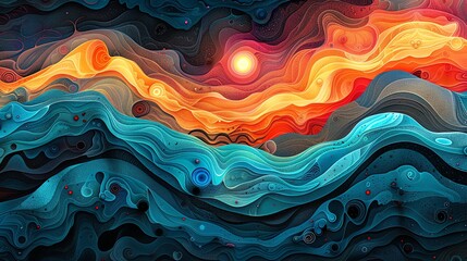 Wall Mural - Abstract landscape with swirling colors and a sun.
