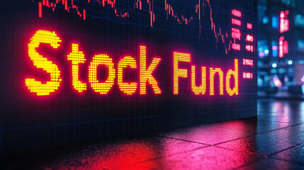 Poster - illuminated stock fund text banner with financial data background in urban setting