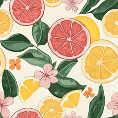 Sticker - Colorful Citrus Fruit Pattern with Flowers and Leaves Seamless pattern