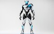 © Антон Федченко - Artistic Robot Design A humanoid robot with a unique design featuring asymmetrical layered panels, metallic highlights, and glowing blue accents. Full-length pose on a clean white background.