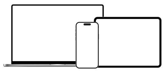 Fototapete - Modern laptop, tablet and mobile phone transparent blank screen PNG illustration. Smartphone mockup devices collection