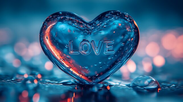 Beautiful blue heart crafted intricately with glowing word love inside image