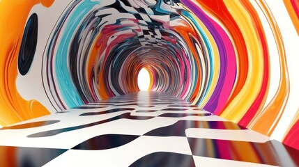 Poster - A checkered floor extends into a tunnel with abstract vibrant colors flowing along the walls creating