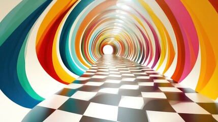 Poster - A checkered floor extends into a tunnel with abstract vibrant colors flowing along the walls creating
