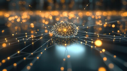 Poster - particles forming a structured network, interconnected with energy lines, hovering above a reflective surface,