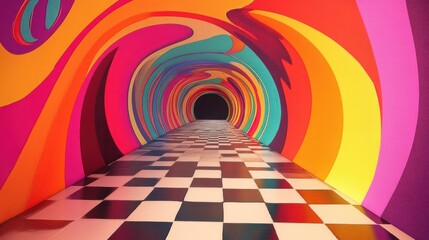 Poster - A checkered floor extends into a tunnel with abstract vibrant colors flowing along the walls creating