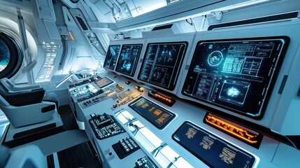 Poster - ride control room with futuristic panels and virtual screens, highlighting the advanced technology