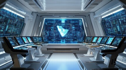 Poster - ride control room with futuristic panels and virtual screens, highlighting the advanced technology