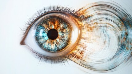 Poster - a high-tech human eye with transparent layers revealing quantum particles and light beams,