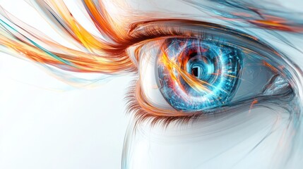 Poster - a high-tech human eye with transparent layers revealing quantum particles and light beams,