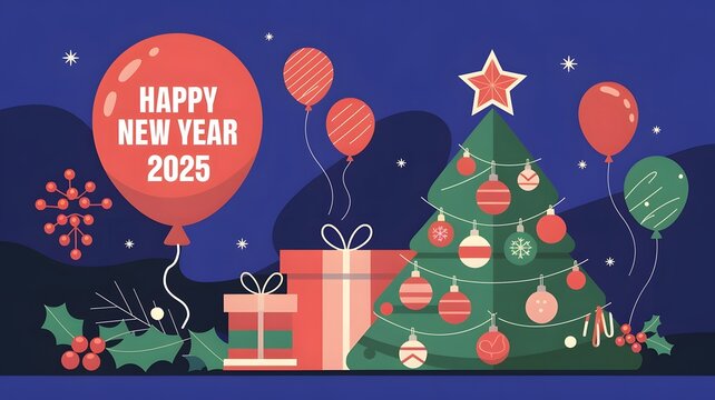 Happy New Year 2025 Wishes Background with Christmas Decorations