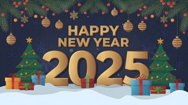 Happy New Year 2025 Wishes Background with Christmas Decorations