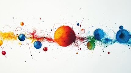 Poster - mechanics, showcasing a series of interconnected spheres and lines that symbolize particles and wave functions. The composition is minimalist