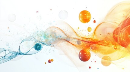 Poster - mechanics, showcasing a series of interconnected spheres and lines that symbolize particles and wave functions. The composition is minimalist
