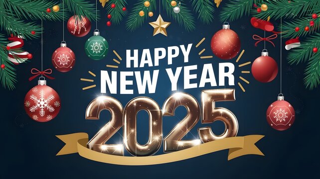Happy New Year 2025 Wishes Background with Christmas Decorations
