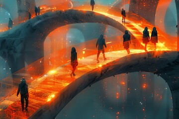 Wall Mural - futuristic glowing pathways with people walking.