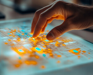 Poster - hand interacting with digital planning interface, showcasing vibrant colors and data visualization
