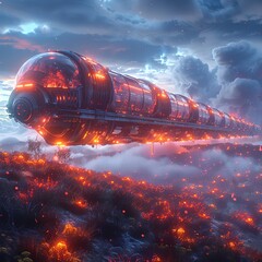 Wall Mural - Futuristic spaceship hovering over a fiery landscape at dusk.