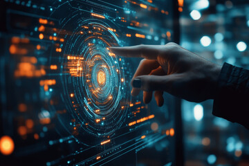 Poster - Digital interface with glowing data visualization and interaction