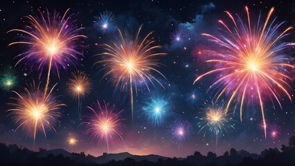vibrant fireworks exploding in a starry night sky with glowing sparks