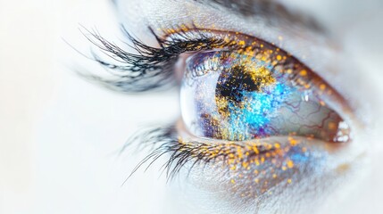 Poster - a high-tech human eye with transparent layers revealing quantum particles and light beams,