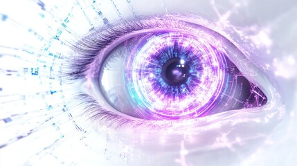 Poster - a high-tech human eye with transparent layers revealing quantum particles and light beams,
