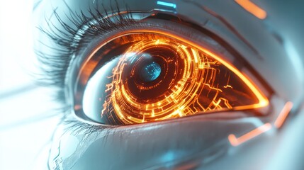 Poster - a high-tech human eye with transparent layers revealing quantum particles and light beams,