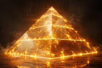 Wall Mural - Glowing golden pyramid with smoke and light effects.