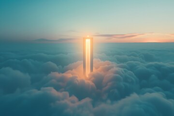 Wall Mural - Glowing portal above clouds at sunset.