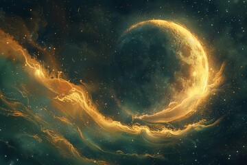 Wall Mural - Golden crescent moon in cosmic nebula.