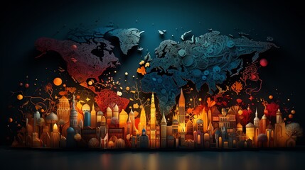 Wall Mural - intricate world map with illuminated cityscapes.