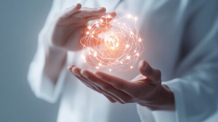 Poster - a hand holding a glowing quantum device, with the body of a patient in the background,