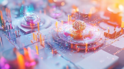 Poster - A digital artwork showcasing a holographic display of AI algorithms analyzing quantum data, with swirling graphics and vibrant colors on a clean white surface.