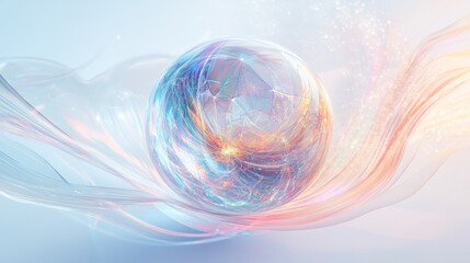 Poster - planet, depicted with a crystal-clear surface that reflects various hues of light. Surrounding it are ethereal, swirling energy fields and abstract geometric shapes.