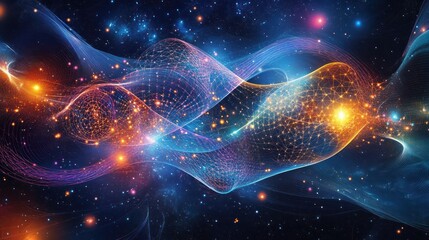 Poster - geometry featuring intricate, swirling patterns of vibrant colors representing particles and waves