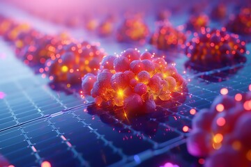 Poster - Microscopic view of glowing clusters on a grid surface.