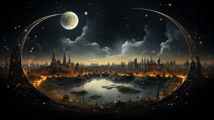 Wall Mural - night scene of fantasy city with moon, lake, and stars.