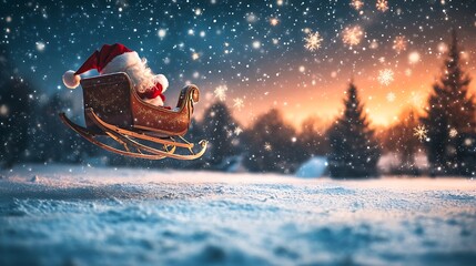 Poster - Santa’s sleigh flying over a peaceful snowy countryside, leaving a trail of glowing stardust in the sky 