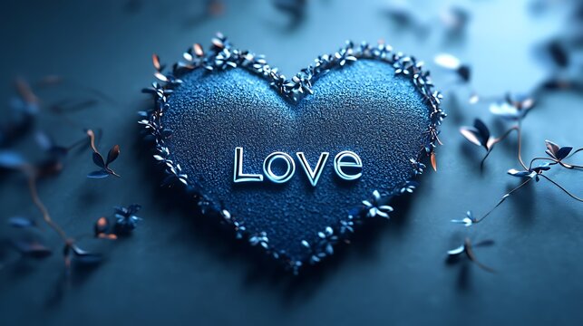 Softly glowing blue heart in heart shape with the word love etched image