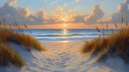 Wall Mural - A beautiful beach scene with soft waves, golden sand, and the sun setting in the background. The sky is painted with hues of orange and pink as it sets over the ocean