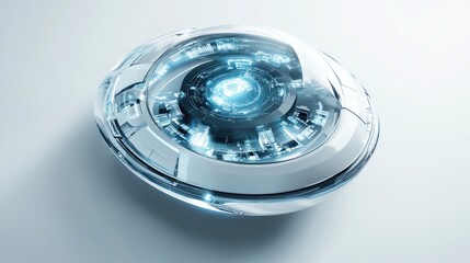 Poster - science vehicle with a circular design, featuring a transparent top that reveals a sophisticated cockpit filled with advanced navigation systems.