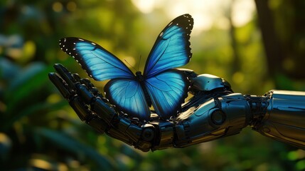 Poster - a sleek, metallic robotic hand gently cradling a vibrant blue butterfly, showcasing the harmony betw
