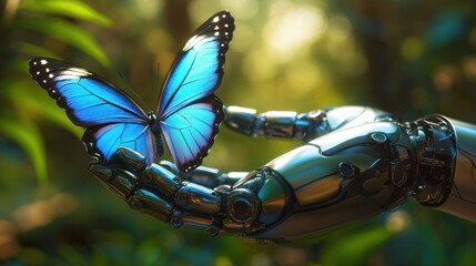 Poster - a sleek, metallic robotic hand gently cradling a vibrant blue butterfly, showcasing the harmony betw