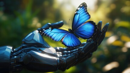 Poster - a sleek, metallic robotic hand gently cradling a vibrant blue butterfly, showcasing the harmony betw