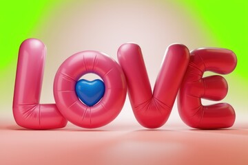 Poster - Inflatable pink letters spelling LOVE with a small blue heart in the center.