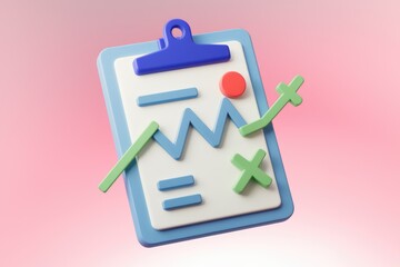 Poster - 3D clipboard with data analysis graphs and symbols.
